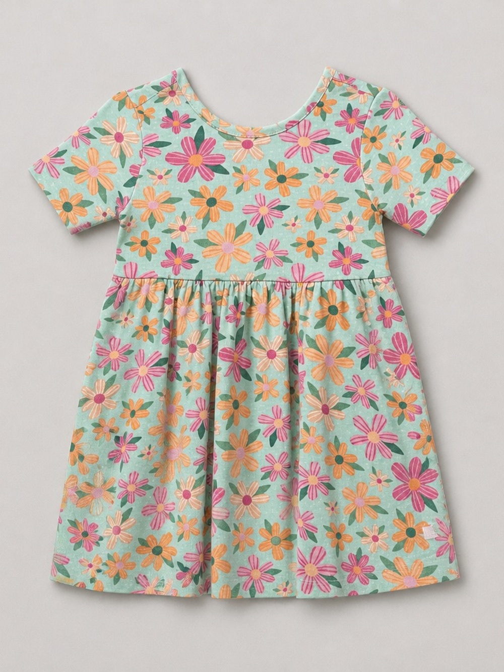 Ruffle Butts mint green and peach floral knit short sleeve dress with bow accent